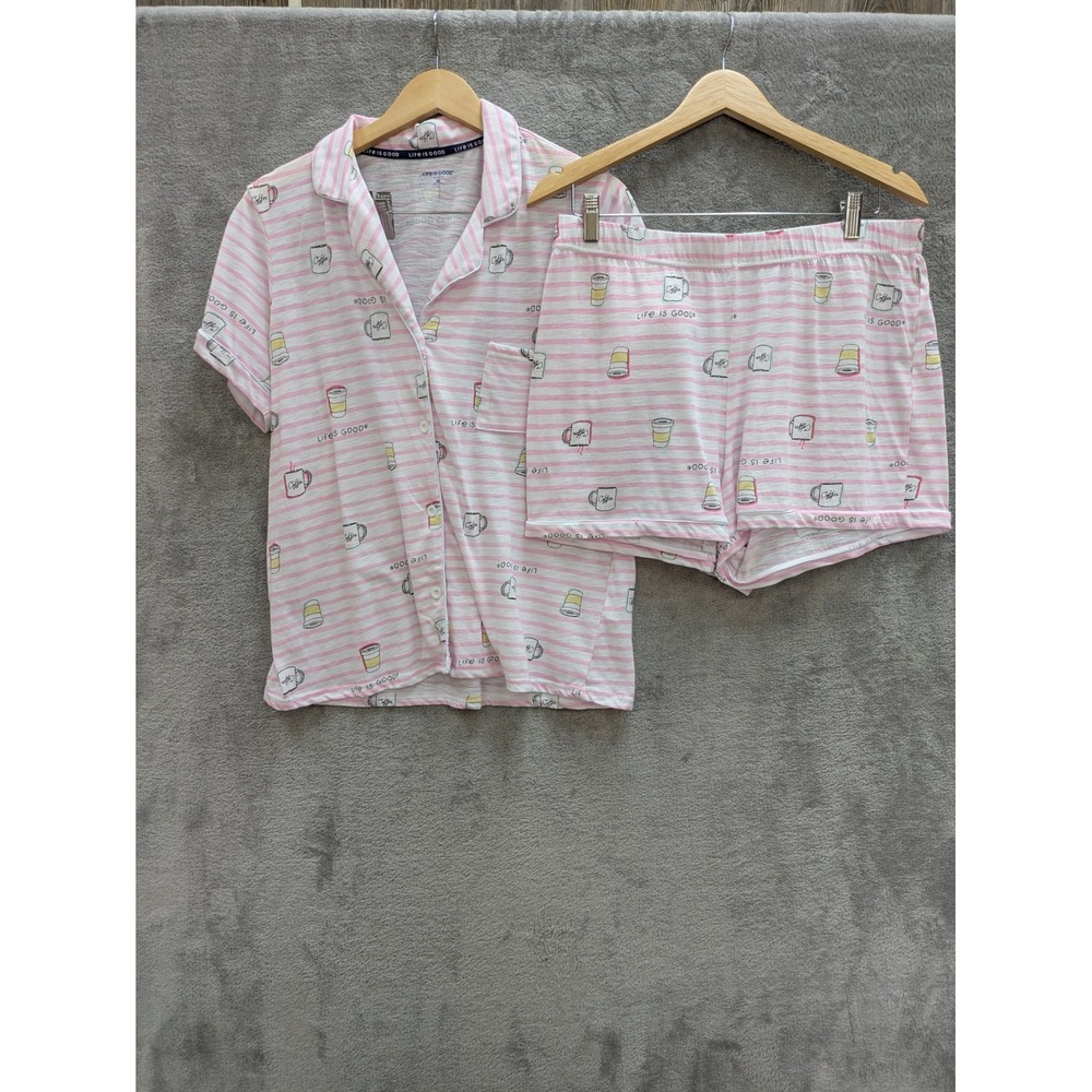 Preppy Pajama Set Women XL Pink Stripe Coffee Mug Short Sleeve Shorts 2pc